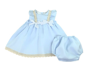 Open image in slideshow, Sky Blue Linen Empire Waist Dress &amp; Bloomers Set Dress and Bloomers Set Alfa Baby Boutique 0-3 Light Blue Female
