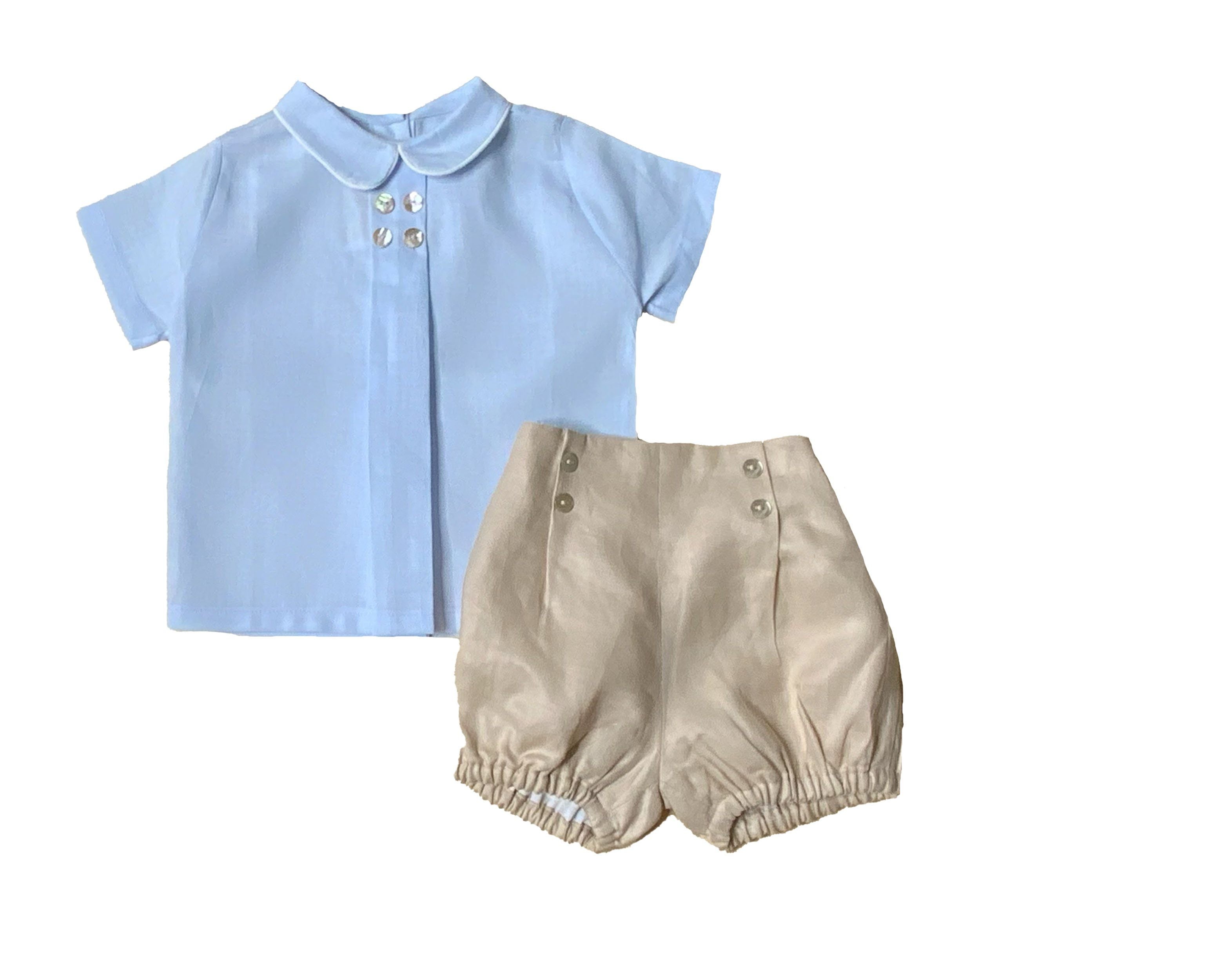 Sky Blue Shirt and Beige Bubble Shorts Set-Boy's Clothing-Boy's Clothing Store Shirt & Short Set Alfa Baby Boutique 