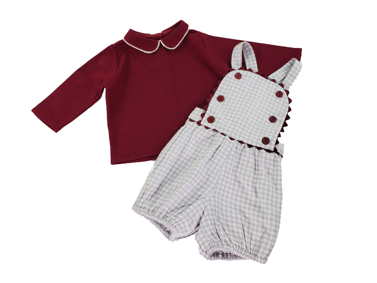 Baby boy burgundy wool shirt and houndstooth suspender shorts set — The Baron by Alfa Baby Boutique