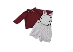Open image in slideshow, Taupe Ivory Houndstooth Cranberry Set-Boy&#39;s Clothing-Boy&#39;s Clothing Store Shirt &amp; Short Set Alfa Baby Boutique 
