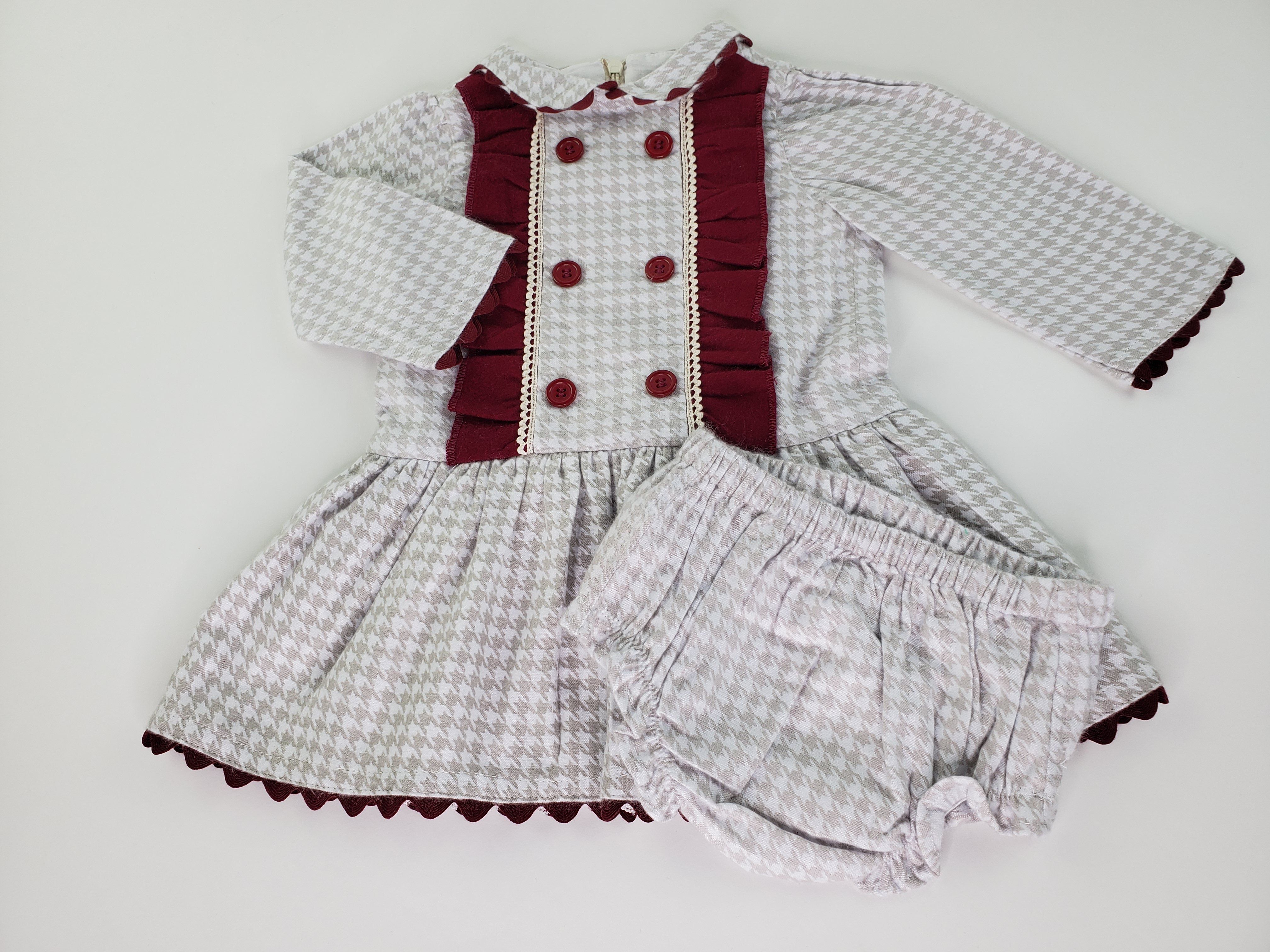 Taupe Ivory Houndstooth Dress-Toddler Girl Dress Dress, Bloomers & Bonnet Alfa Baby Boutique 
