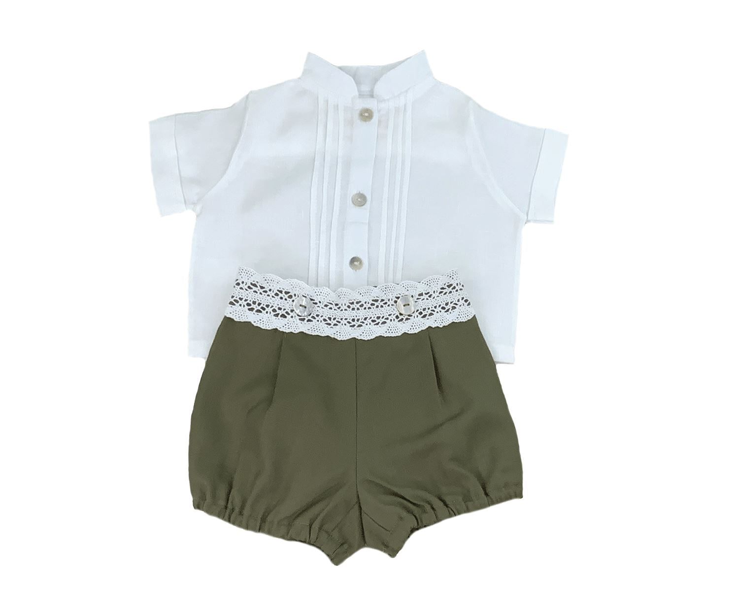 White Linen Shirt and Olive Shorts Set-Boy's Clothing-Boy's Clothing Store-Toddler Boy Set Shirt & Short Set Alfa Baby Boutique 0-3 Olive-White Male