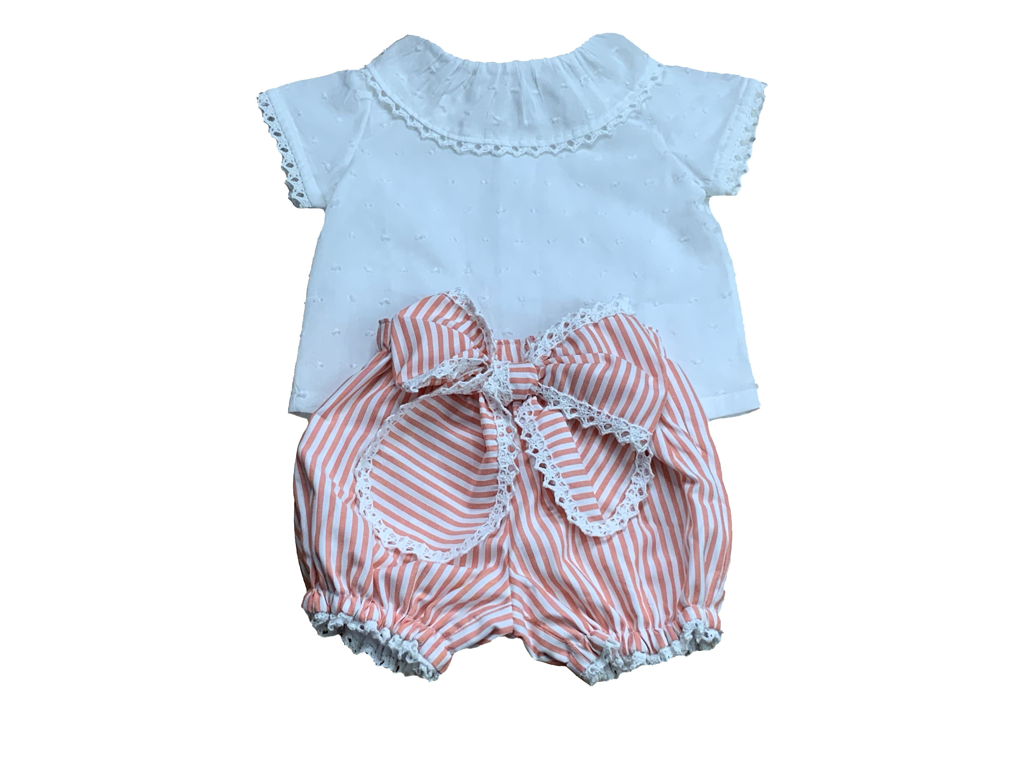 White Round Ruffled Collar Blouse and White-Coral Stripe Bubble  Shorts-Toddler Girl Set