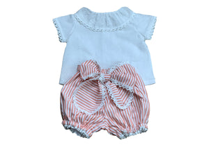 White Round Ruffled Collar Blouse and White-Coral Stripe Bubble Shorts-Toddler Girl Set Shirt & Pants Set Alfa Baby Boutique 