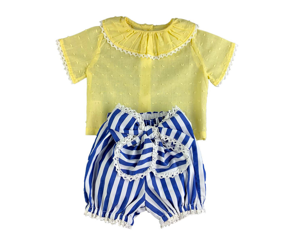 Yellow Round Ruffled Collar Blouse and Blue-White Stripe Bubble Shorts Shirt & Pants Set Alfa Baby Boutique 0-3 Blue Female