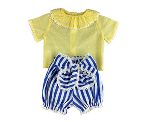 Open image in slideshow, Yellow Round Ruffled Collar Blouse and Blue-White Stripe Bubble Shorts Shirt &amp; Pants Set Alfa Baby Boutique 0-3 Blue Female
