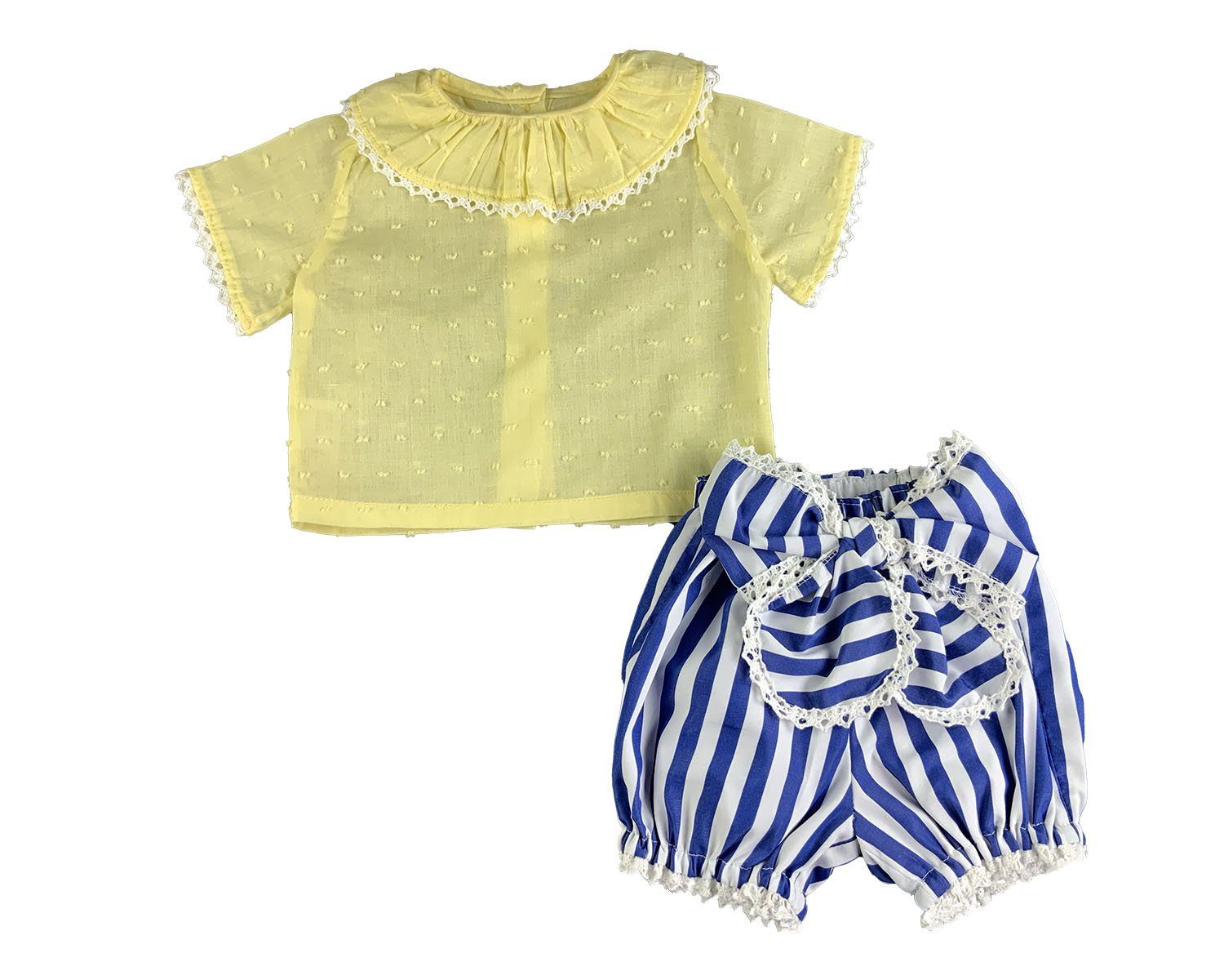 Yellow Round Ruffled Collar Blouse and Blue-White Stripe Bubble Shorts Shirt & Pants Set Alfa Baby Boutique 