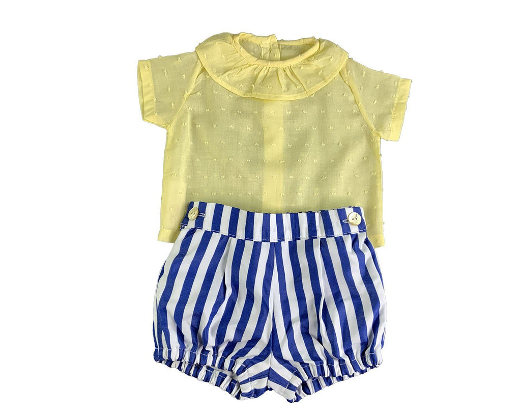 Yellow Round Ruffled Collar Top and Blue-White Stripe Shorts-Boy's Clothing-Boy's Clothing Store Shirt & Short Set Alfa Baby Boutique 